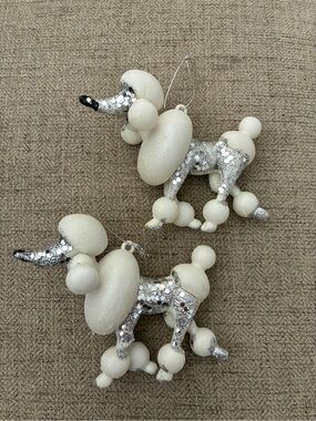 White Glitter French Poodle Dog Christmas Ornament Set of Two